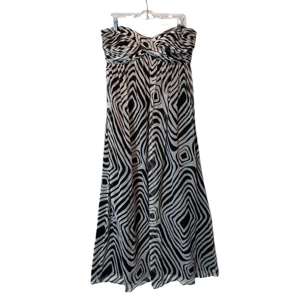 White House Black Market Silk Maxi Dress Women’s 12 Strapless Geometric Blk/Whit